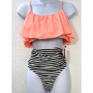 BALANCIGA Womens XL Melon Black White Stripe Ruffle High Waisted BIKINI Swimsuit